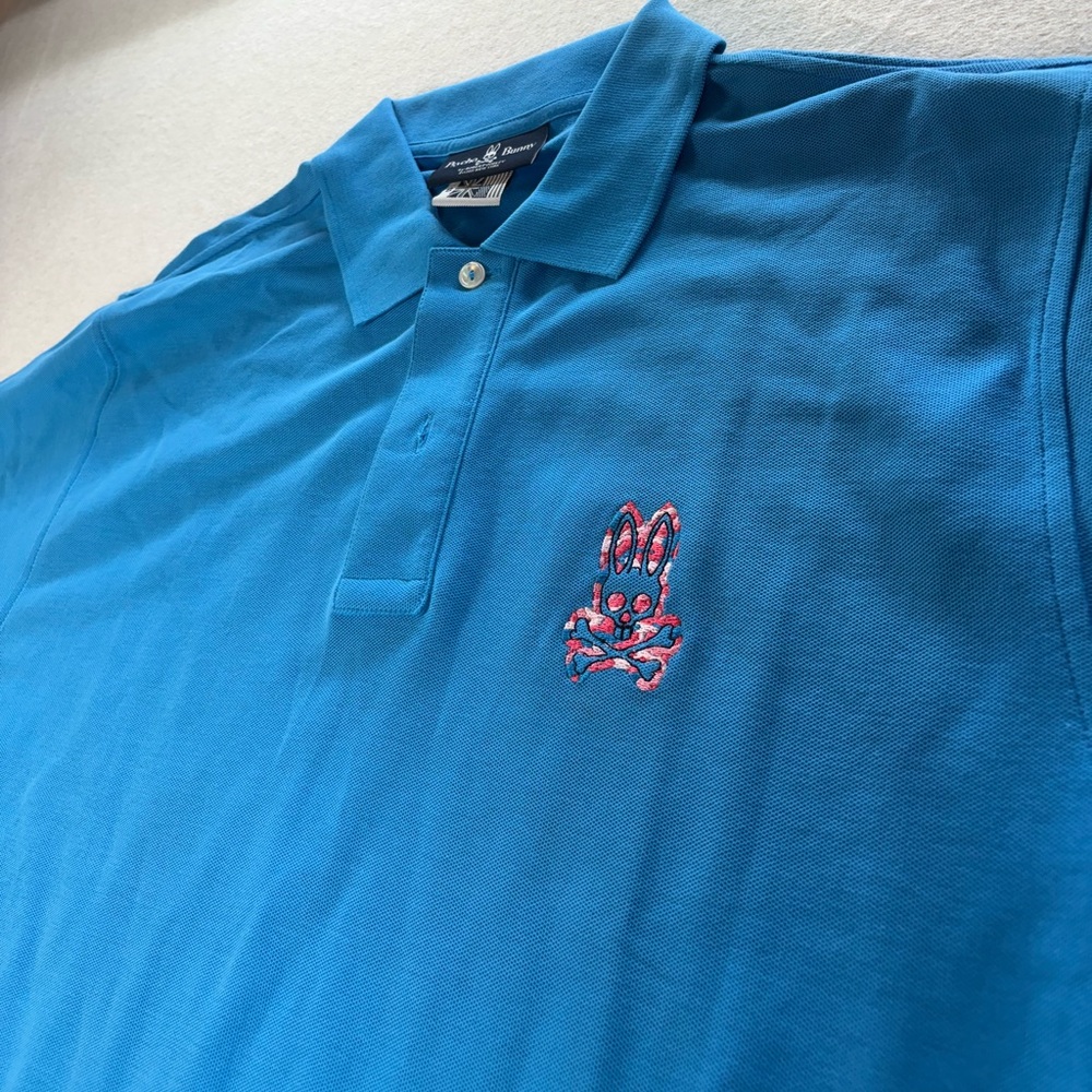 Psycho Bunny Blue Pima Cottom Polo size 8 Pink Camo Bunny Embroidered - Picture 4 of 7